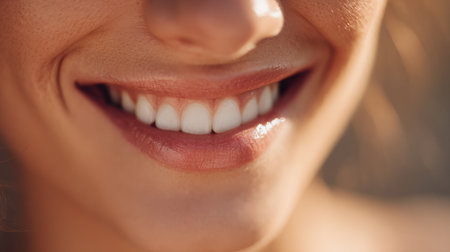 Close-up of a smiling woman with a glowing complexion, set against a blurred background that allows for easy text overlay and creative use.の素材