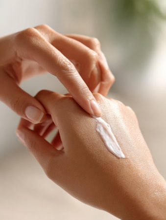 A womans hand delicately applies cream to recently treated skin, showing careful attention to hydration and nourishment in a serene environment.の素材