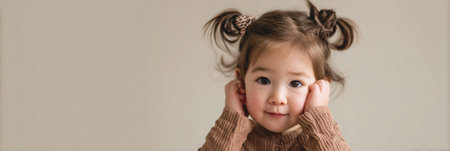 Cute toddler with tiny ponytails and colorful clips poses happily, holding her face while surrounded by a warm, softly lit background.の素材
