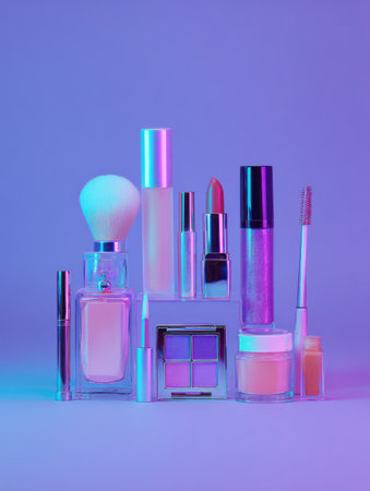 Colorful arrangement of makeup essentials in neon hues, including lipsticks, foundations, and eye shadows, perfect for a night out and ready to use.の素材