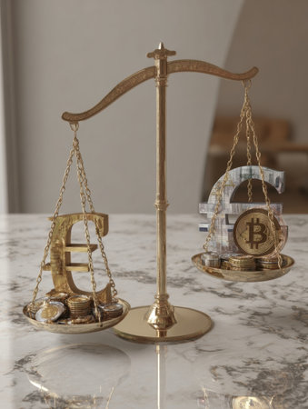 A scale shows British pounds on one side and Bitcoin digitally on the other, highlighting the contrast between traditional and digital finance.の素材