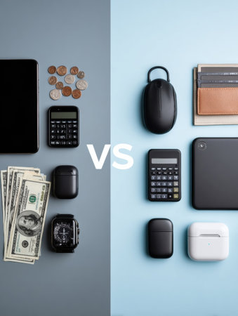 Different types of payment methods and gadgets are arranged side by side, highlighting the contrast between cash and modern technology in daily life.の素材