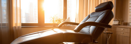 Bright, airy clinic treatment chair by a large window, bathed in warm daylight and featuring modern design for client comfort.の素材