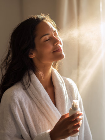 Morning light illuminates a woman in a spa robe as she refreshes her skin with a facial mist spray, creating a serene and rejuvenating atmosphere.の素材