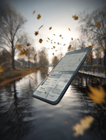 A smartphone hovers above a calm river, with autumn leaves swirling around, showing the beauty of nature in a serene park setting.の素材