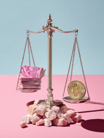 A scale showcases the contrast between cash and cryptocurrency, featuring banknotes on one side and a bitcoin on the other against a vibrant pastel backdrop.の素材