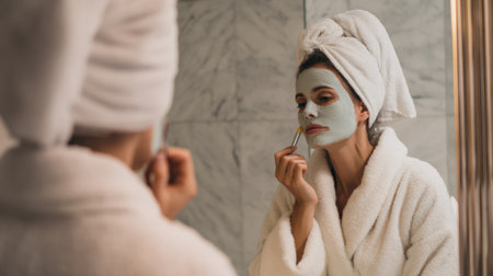 A woman in a cozy robe applies a clay mask in front of a mirror, enjoying a relaxing self-care moment at home, with the top of the mirror clean and clear.の素材