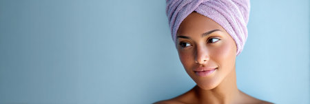 A woman in a bandage headwrap displays a relaxed expression in a clean, sterile spa environment, embracing a moment of peace and wellnessの素材