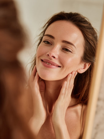 Woman smiles in the mirror after receiving a skin treatment, showing a sense of satisfaction and confidence in a calm and bright environment.の素材