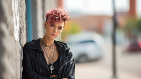 Street fashion model with a bold haircut poses confidently in an urban environment, highlighting unique clothing and accessories during daylight hours.の素材