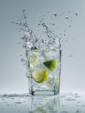 Tonic water splashes onto a fresh face, capturing the essence of hydration and rejuvenation in a clean, neutral environmentの素材