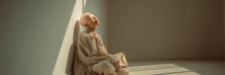 A young individual sits calmly in a warmly lit corner, eyes closed, embracing a tranquil moment of reflection in a minimalist space.の素材