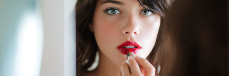 A young woman carefully applies red lipstick while looking into a mirror, clearly focused on her appearance in a well-lit setting perfect for getting ready.の素材