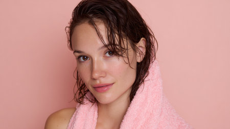 Subject with wet hair wrapped in a towel poses against a light pastel backdrop, capturing a moment of relaxation and rejuvenation in a tranquil setting.の素材