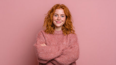 Smiling woman with wavy red hair crosses her arms while standing in a soft pink sweater against a matching pink wall, radiating warmth and confidence.の素材