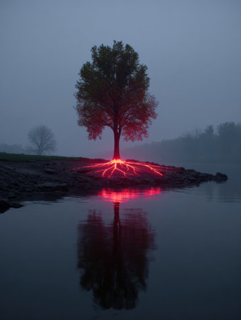 A solitary tree with vibrant red roots stands by the waters edge, its reflection shimmering in the misty twilight.の素材