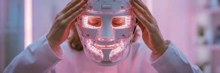 Hands are gently fitting an LED mask onto a patients face, surrounded by a soothing pastel-colored clinic backdrop, focusing on skin treatment.の素材