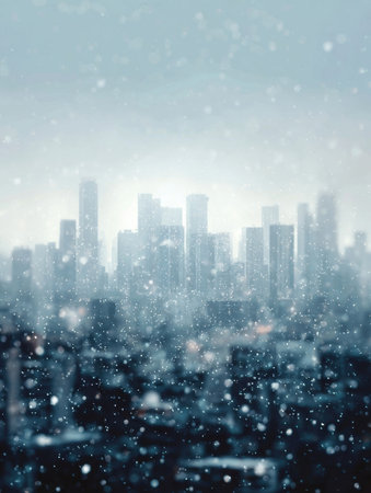 Snowflakes gently fall over a city skyline, creating a serene winter atmosphere as buildings fade into a misty background during evening hours.の素材