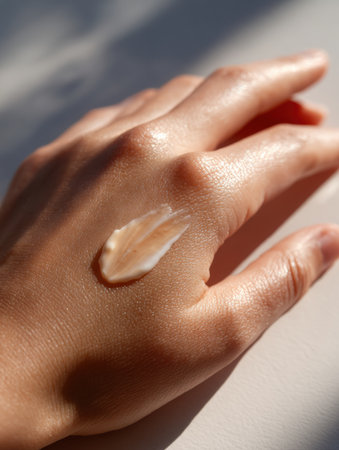 A womans hand gently spreads cream over recently treated skin, showing a smooth texture and soft shadows in a serene environment.の素材