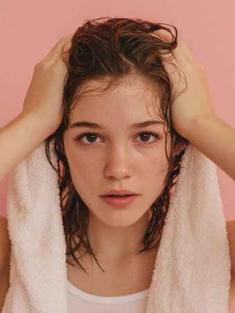 Fresh and relaxed moment captured as a person with hair holds a towel on their wet shoulders against a light pastel backdrop, conveying a serene atmosphere.の素材