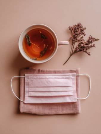 Herbal tea is served in a white cup next to a pink mask resting on a soft cloth, creating a tranquil indoor atmosphere with natural elements.の素材