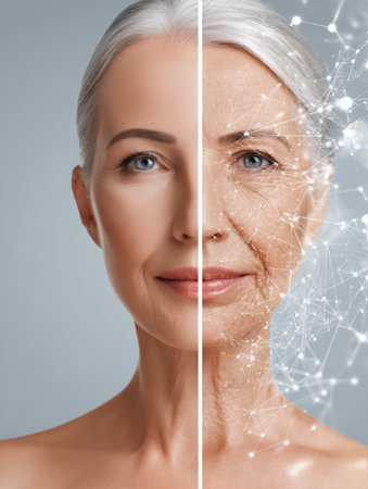 The visual displays a face experiencing the effects of aging on one side and rejuvenation on the other, emphasizing a modern, open background.の素材