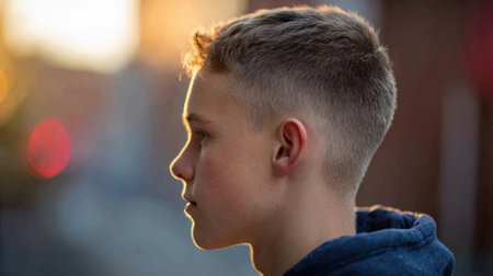 A teenage boy with a stylish fade haircut stands in profile, bathed in warm evening light, with a school setting blurred behind him.の素材