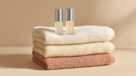Two bottles of essential oils sit atop neatly stacked soft towels in neutral tones, creating a calming and inviting setting perfect for relaxation.の素材