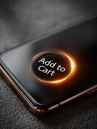 Mobile device showcases an illuminated add to cart button as a user engages in online shopping during the evening hours.の素材