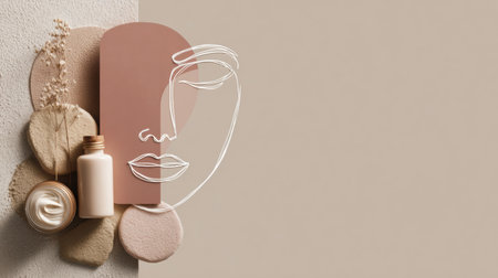 Stylized line drawing of a face overlays a minimalist skincare setup featuring soft tones and selected skincare products aligned at the bottom.の素材
