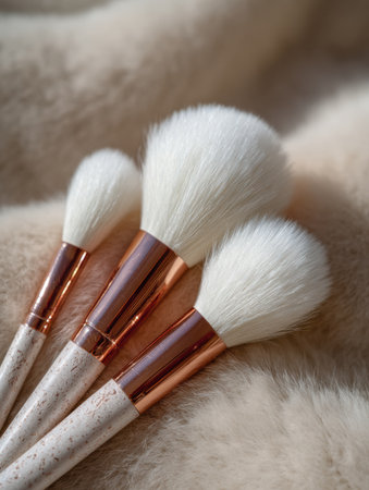 Soft-bristled makeup brushes with rose gold accents are neatly arranged, showing their beauty on plush fabric.の素材