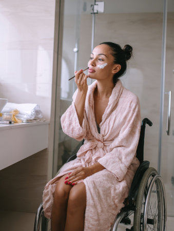 A woman in a soft pink robe sits in a wheelchair applying a facial mask in a stylish bathroom with large windows allowing natural light.の素材