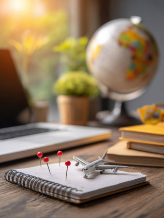 Cozy workspace showcases a globe, an airplane model, and a notebook with pins on it, all illuminated by warm sunset light, inspiring travel ideas.の素材