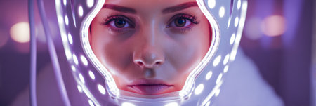 A woman relaxes under an LED therapy mask in a futuristic spa environment designed for rejuvenation and skin care, creating a calming atmosphere.の素材