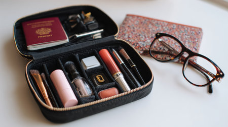 Open travel makeup kit reveals essential beauty items next to a passport and glasses, showcasing preparation for an upcoming adventure or tripの素材