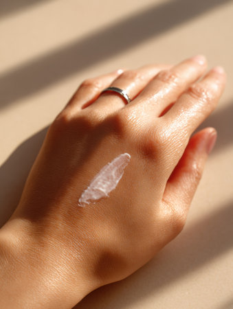 A womans hand gently spreads cream over recently treated skin, showing the care involved in the skincare routine with soft light reflections.の素材