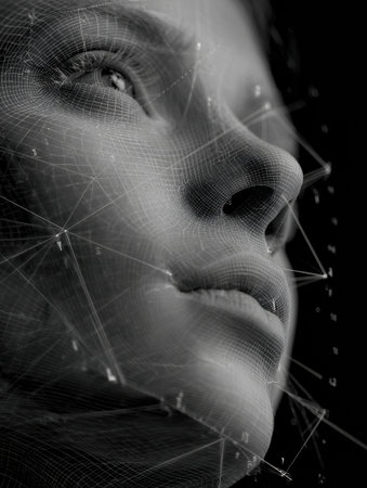 A symmetry scanner is analyzing a jawline in a futuristic setting, featuring a grid overlay and a minimalistic upper zone, emphasizing precision and technology.の素材