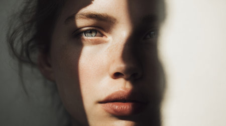A womans face is lit on one side, with the other in soft shadow, creating a striking, emotive composition that encourages reflection.の素材