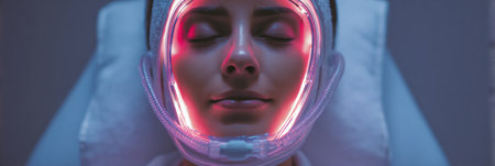 Individual enjoys a relaxing session under an LED therapy mask at a sleek and modern spa, surrounded by a tranquil ambiance and innovative design elements.の素材