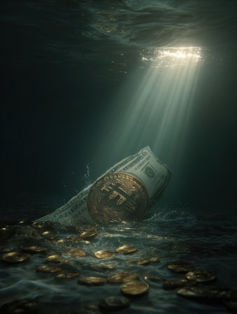 Beneath the water, dollar bills and coins sink as a beam of light highlights the Bitcoin symbol, adding to the mystery.の素材