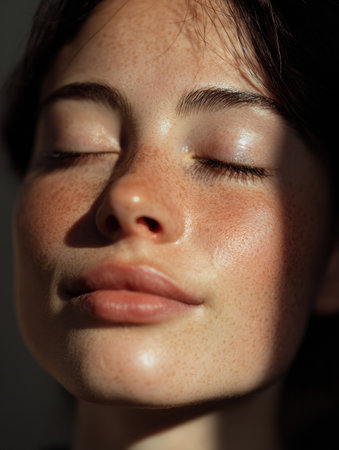 Illuminated softly, the face radiates tranquility with closed eyes, reflecting a moment of inner peace and calmness.の素材