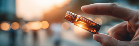 Hand holds an ampoule with vitamin solution for skin treatment, illuminated by soft light, with a blurred urban background during golden hour.の素材