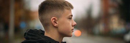 Teenage boy with a fade haircut is prominently featured in profile against a soft blur of a school background, creating a serene atmosphere during the day.の素材