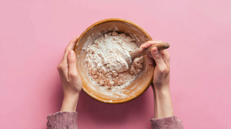 Hands skillfully mix clay in a bowl, showcasing the creative process of pottery making against a soft pastel background in a tranquil environment.の素材