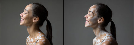Woman with long dark hair applies facial cream to her face, smiling brightly while showing a healthy skincare routine in a simple indoor environment.の素材