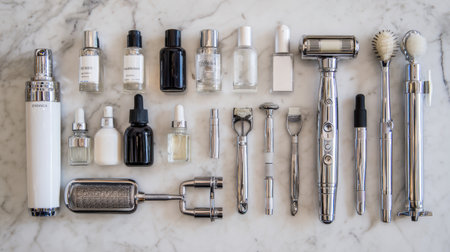 Various tools for skin resurfacing are neatly organized on a marble surface, showing a blend of different instruments and bottles.の素材