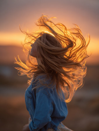 A woman joyfully flips her long hair, surrounded by a stunning sunset backdrop that casts a warm glow, capturing a moment of freedom and movement.の素材