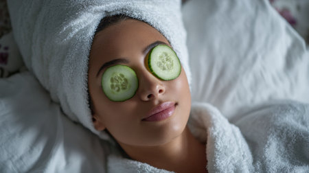 Woman rests comfortably with cucumber eye mask on her face, wrapped in a clean towel, creating a tranquil atmosphere for relaxation and self-care.の素材