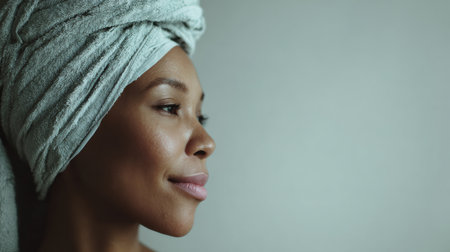 Woman with bandage headwrap displays a relaxed expression in a serene, sterile space reflecting wellness and rejuvenation.の素材