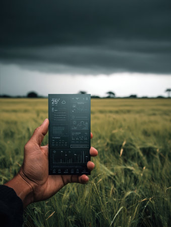 A person holds a smartphone showcasing weather data while dark clouds gather over a vast wheat field, indicating an approaching storm.の素材